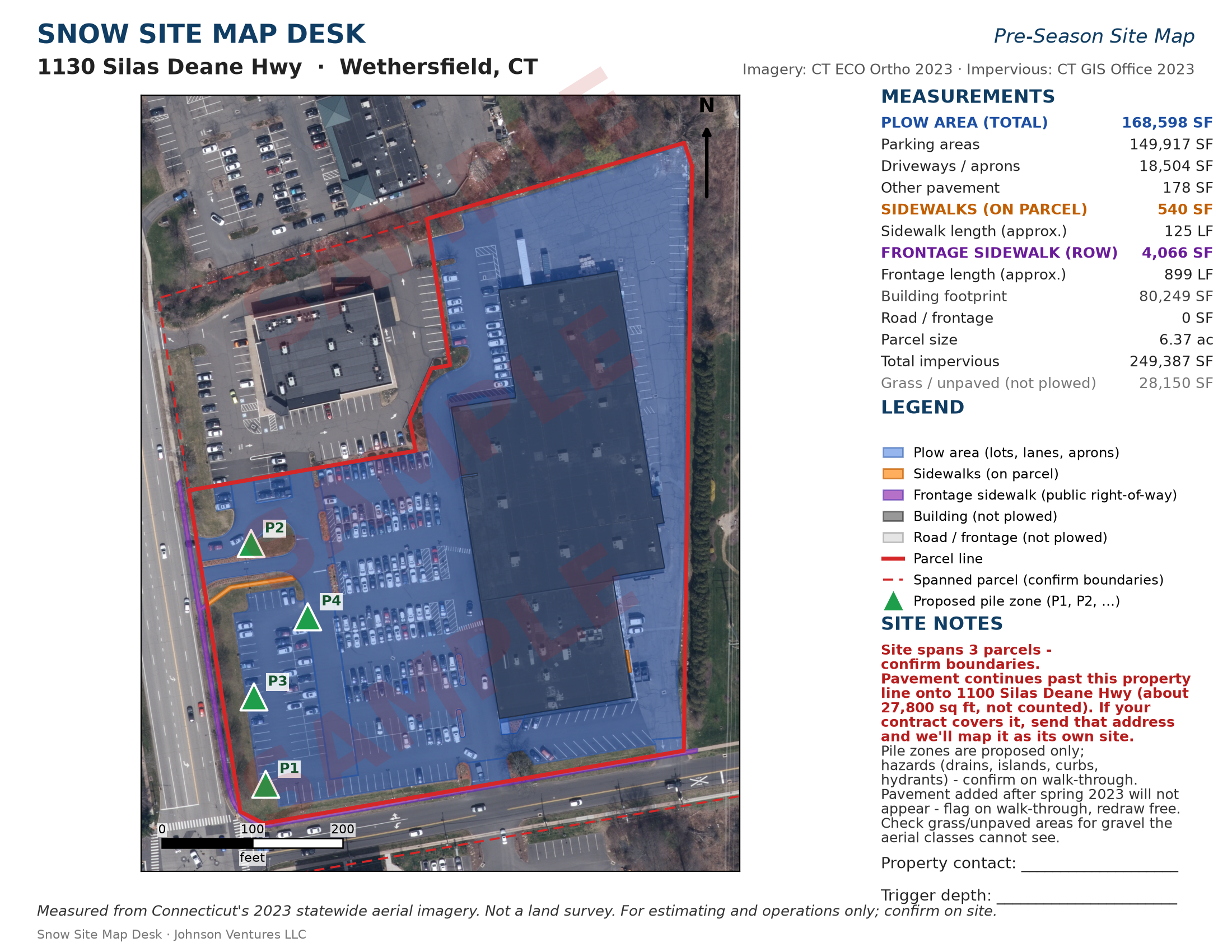Sample site map for 1130 Silas Deane Hwy, Wethersfield, CT: plow area, sidewalks, parcel line and proposed pile zones, marked SAMPLE